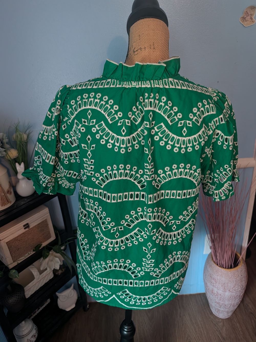 Umgee Green Patterned Ruffle Split-Neck Blouse - Picture 4 of 9